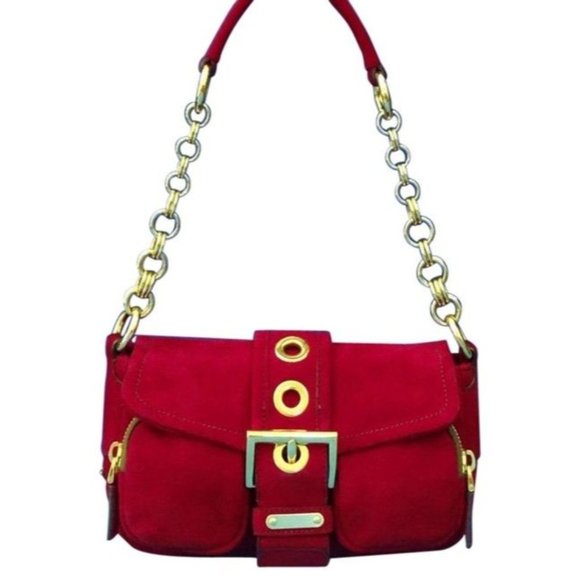 Prada Pattina Double Zip Pocket Rubino Camoscio Red Suede W Gold Chain - Picture 1 of 8